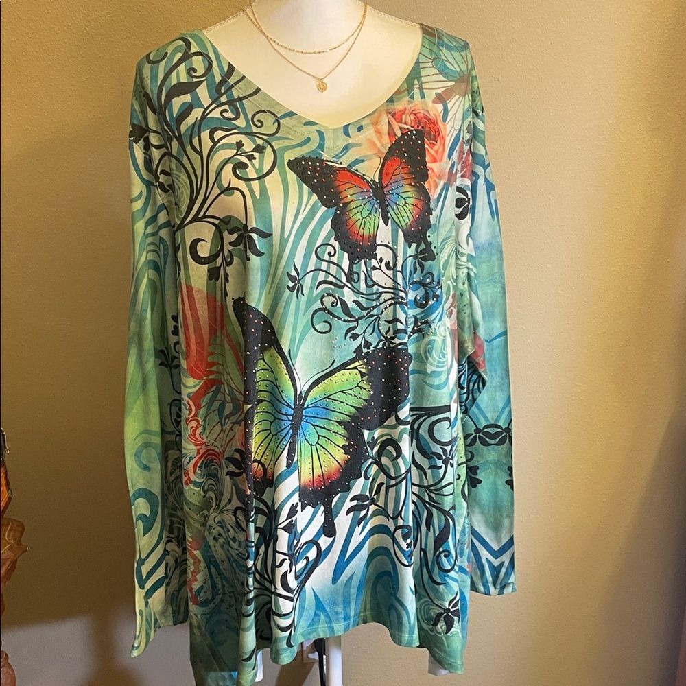 Cato Multicolor Butterfly Print Long Sleeve Top